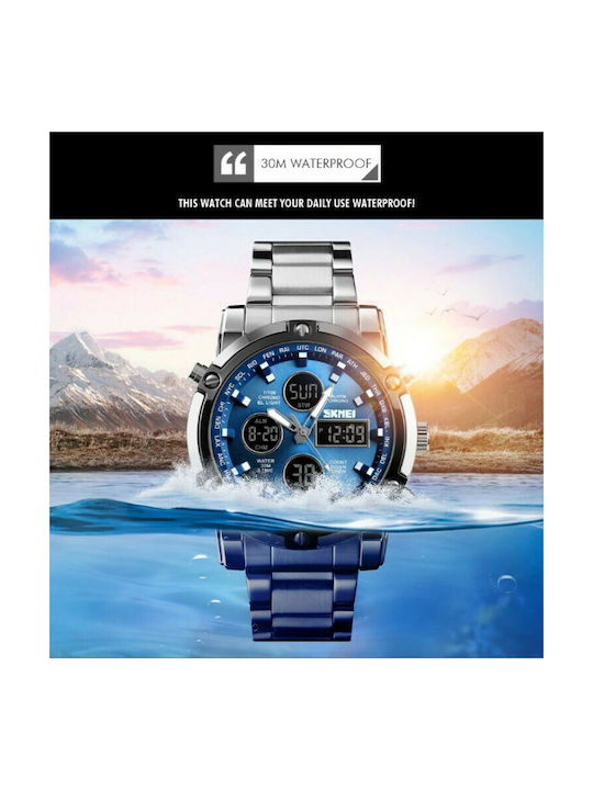 Skmei Αναλογικό/Ψηφιακό Ρολόι Χρονογράφος Μπαταρίας με Μεταλλικό Μπρασελέ Silver/Blue