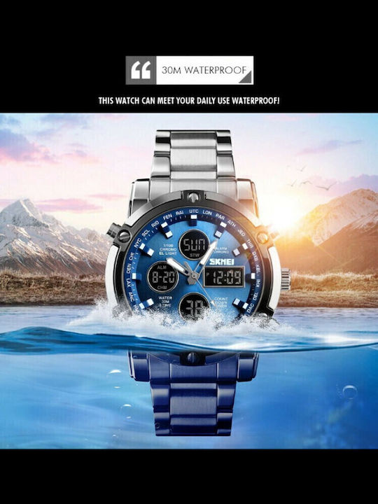 Skmei 1389 Αναλογικό/Ψηφιακό Ανδρικό Ρολόι 48mm Χρονογράφος Μπαταρίας με Μεταλλικό Μπρασελέ Silver/Blue
