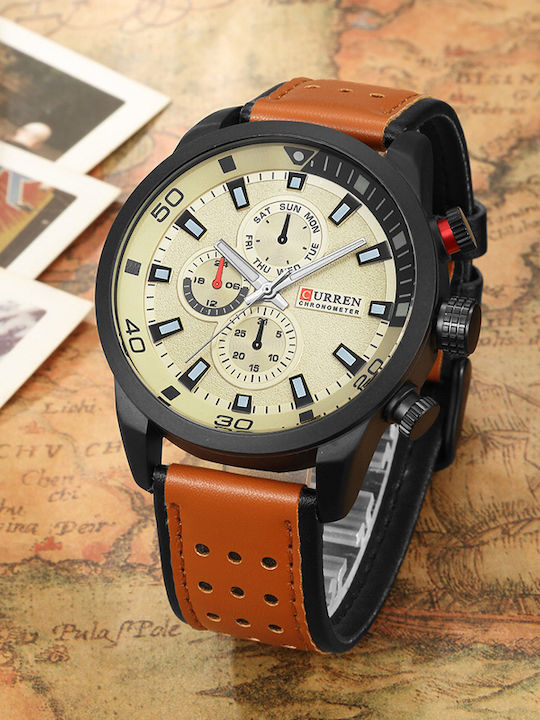 Curren Men's Watch 48mm Chronograph Battery with Leather Strap Brown / White