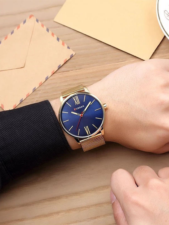 Curren Men's Watch 44mm Battery with Metal Bracelet Gold / Blue