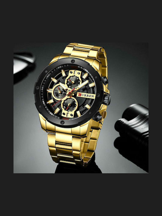 Curren Ανδρικό Ρολόι 49mm Χρονογράφος Μπαταρίας με Μεταλλικό Μπρασελέ Gold