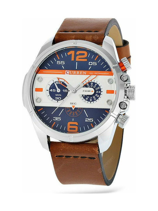 Curren Watch Chronograph Battery with Leather Strap Brown / Blue / White