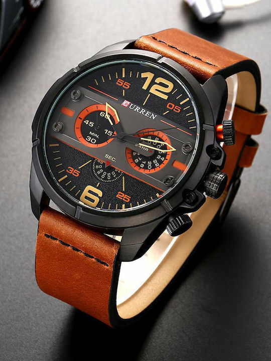 Curren Herrenuhr 46mm Chronograph Batterie mit Lederarmband Gun metal / Tabac