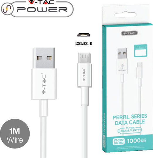 V-TAC Pearl Regulat USB 2.0 spre micro USB Cablu Alb 1m (8480) 1buc
