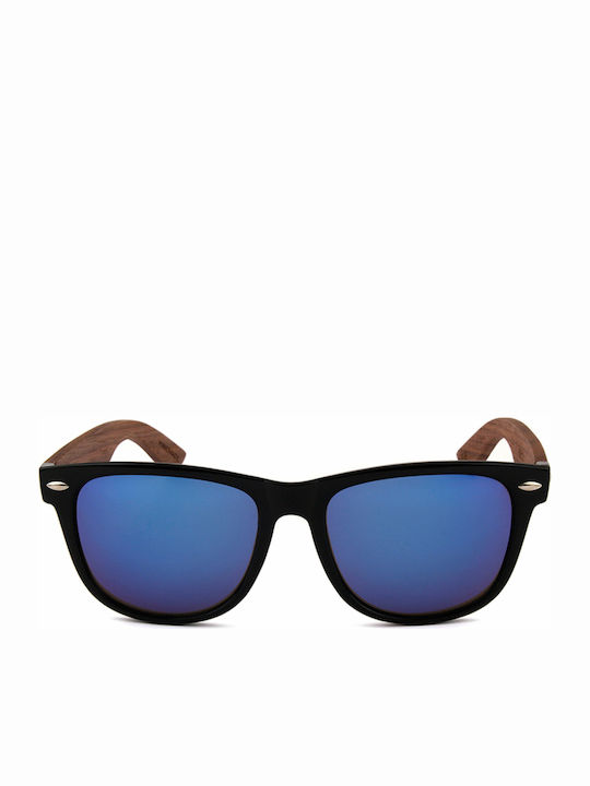 Martinez Capri Sunglasses with Black Wooden Frame and Blue Mirror Lens