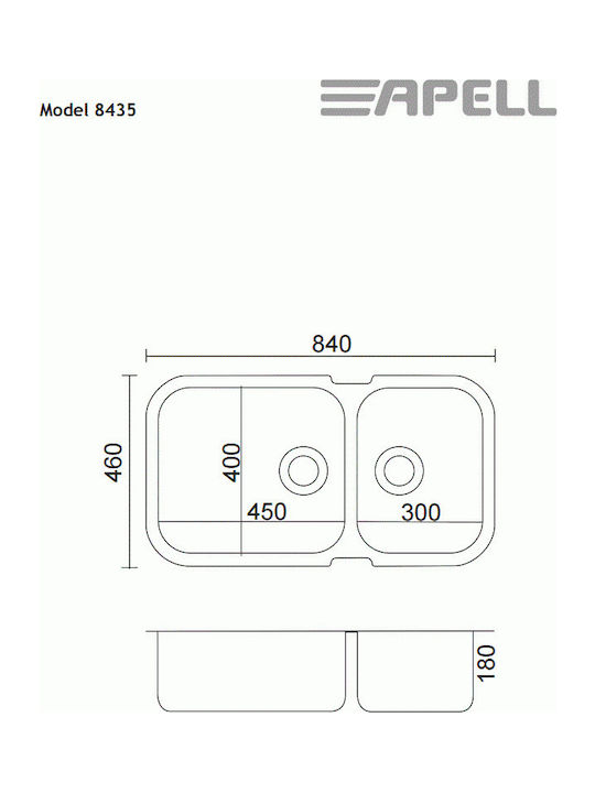 Apell 8435 Υποκαθήμενος Νεροχύτης Αριστερός Inox Σατινέ Μ84xΠ46cm Ασημί