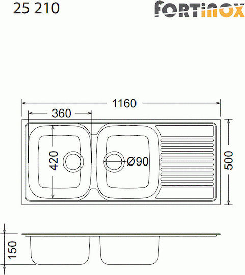 Fortinox Valley 25210 107-25210-110 25210-110 Drop-In Sink Inox Satin W116xD50cm Silver