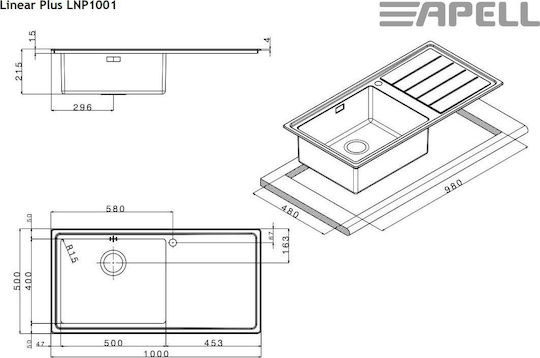 Apell Linear Plus LNP1001R LNP1001-110R Left Drop-In Sink Inox Satin W100xD50cm Silver