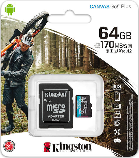 Kingston Canvas Go! Plus microSDXC 64GB U3 V30 A2 UHS-I 170MB/s с адаптер