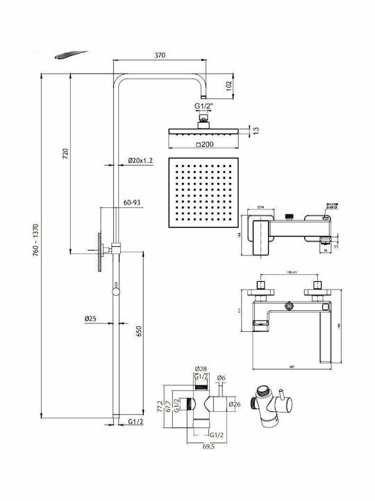 La Torre Profili Plus Höhenverstellbare Duschsäule mit Wannenbatterie 83-144cm Silber