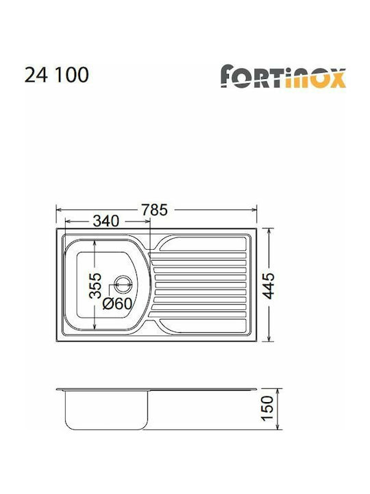 Fortinox Slender 24100 107-24100-110 24100-110 Drop-In Sink Inox Satin W78.5xD44.5cm Silver