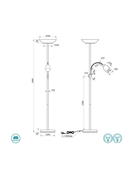 Trio Lighting Gerry Floor Lamp H180xW34cm. with Socket for Bulb E27 Silver