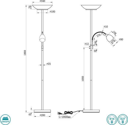 Trio Lighting Gerry Floor Lamp H180xW34cm. with Socket for Bulb E27 Gold