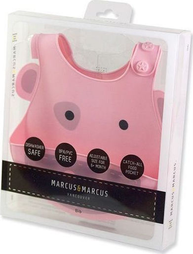 Marcus & Marcus Pokey the Piglet Waterproof Bib Silicone with Button & Pocket Pink for 6 m+