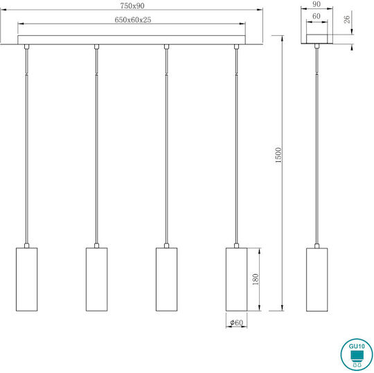 Trio Lighting Marley Adjustable Pendant Light White Rail for 4 Bulbs GU10 75cm