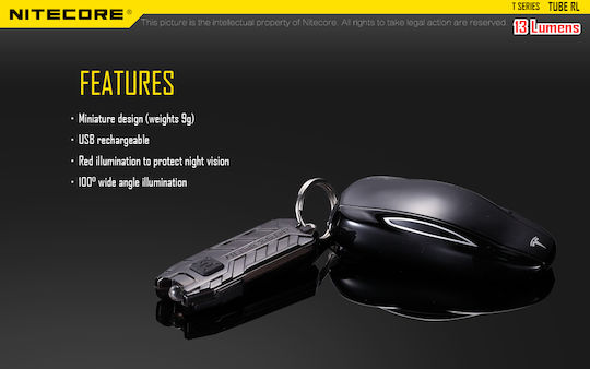 NiteCore Rechargeable Keychain Flashlight LED UV IP65 with Maximum Brightness 13lm Tube Rechargable RL Embedded Black