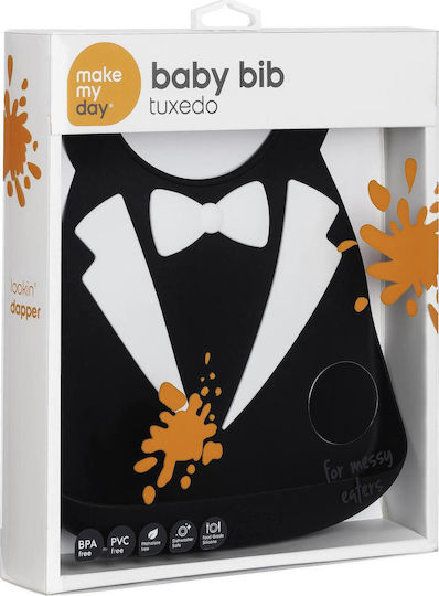 Make my Day Tuxedo Waterproof Bib Silicone with Button & Pocket Black for 6 m+