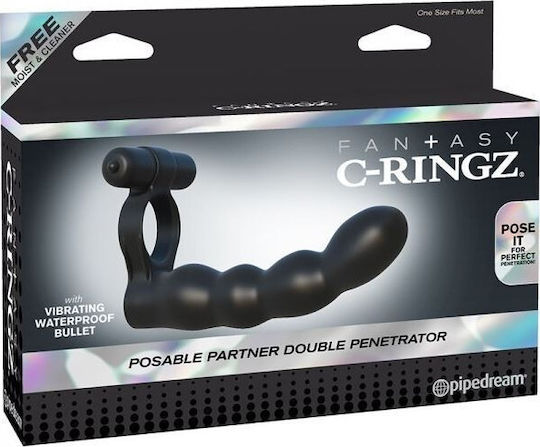 Pipedream Fantasy C-Ringz Posable Partner Double Penetrator Cock Ring Cock Negru