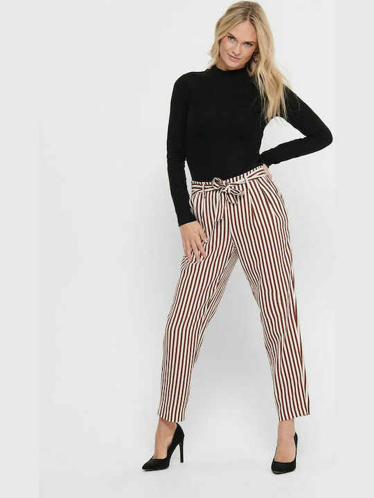 Only Women's High-waisted Fabric Trousers Striped Cappuccino