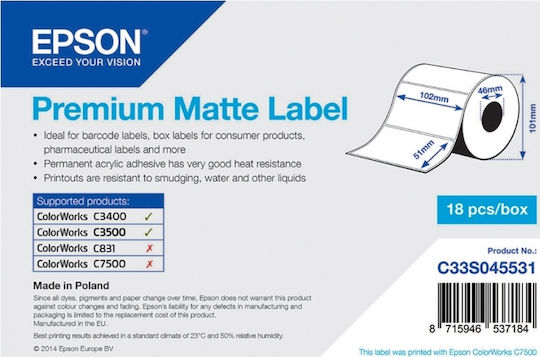 Epson Premium Matte 650 Αυτοκόλλητες Ετικέτες σε Ρολό για Εκτυπωτή Ετικετών 102x51mm