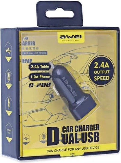Awei C-200 Зарядно за кола 2.4Спецификация с Портове: 2xUSB Черен Цвят