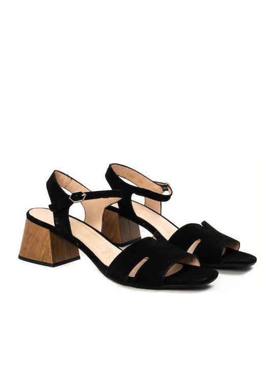 Wonders Suede Women's Sandals with Ankle Strap Black