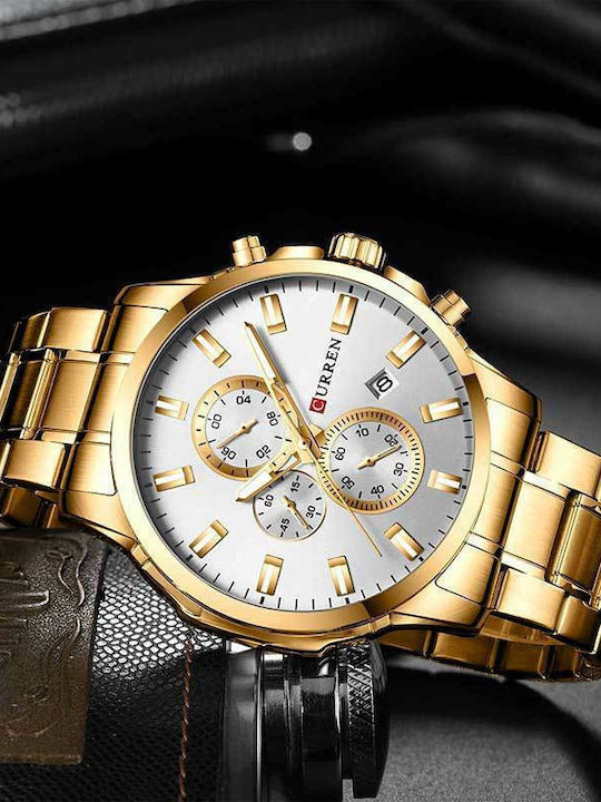 Curren Ανδρικό Ρολόι 52mm Μπαταρίας με Χρυσό Μεταλλικό Μπρασελέ