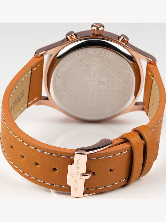 Jacques Lemans Retro Classic Ανδρικό Ρολόι 41mm Χρονογράφος Μπαταρίας με Καφέ Δερμάτινο Λουράκι