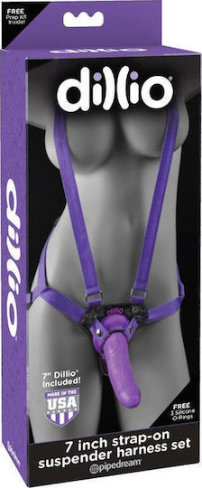 Pipedream Dillio Strap-On Suspender Harness Set Gurtzeug mit Dildo 18cm in Lila Farbe