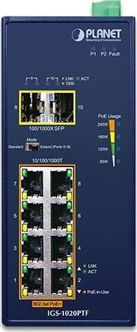 Planet IGS-1020PTF Unmanaged L2 PoE+ Switch με 8 Θύρες Gigabit (1Gbps) Ethernet και 2 SFP Θύρες