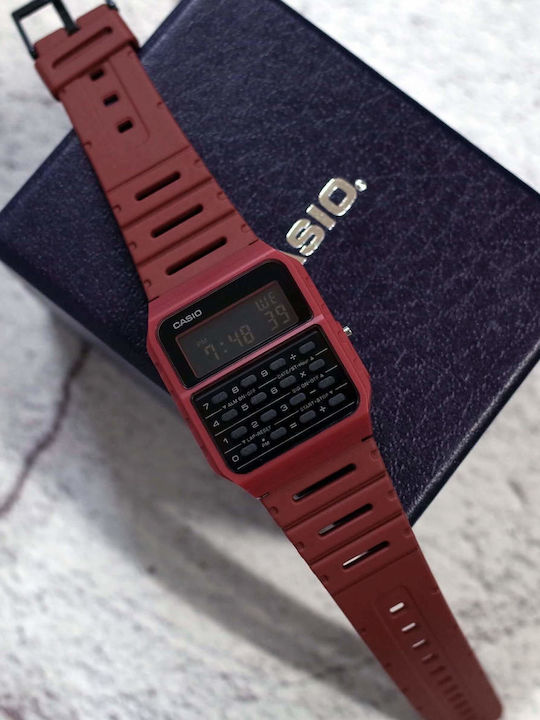 Casio Calculator Digital Men's Watch 43.2mm Battery with Red Rubber Strap