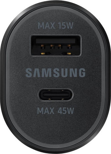 Samsung Φορτιστής Αυτοκινήτου 45W Γρήγορης Φόρτισης με Θύρες: 1xUSB 1xType-C μαζί με Καλώδιο Type-C Μαύρος