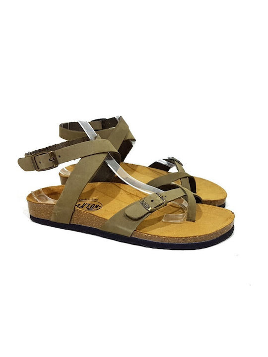 Leather Women's Flat Sandals Anatomic with Strap in Khaki Color