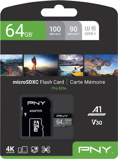 PNY Pro Elite microSDXC 64GB U3 V30 A1 UHS-I 100MB/s με αντάπτορα