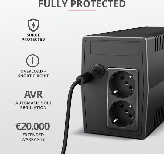Trust Paxxon 800VA UPS Off-Line 480W με 2 Schuko Πρίζες