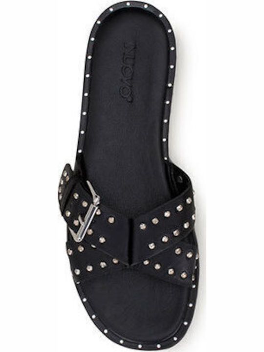 Leather Women's Flat Sandals in Black Color