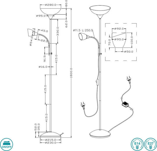 Trio Lighting Erzwo Floor Lamp H180xW28cm. with Socket for Bulb E27 White