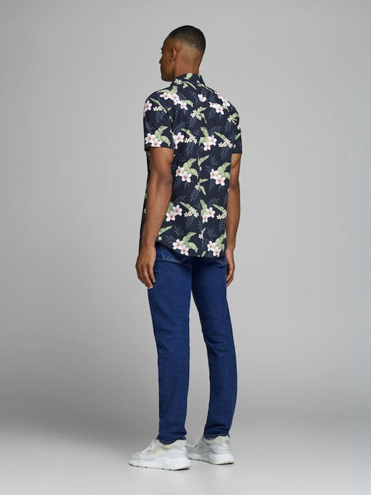Short-sleeved Shirt Floral Navy Blue