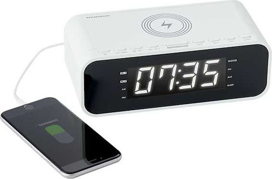 Thomson Radio/Clock with USB Charge Tabletop Digital Clock with Alarm, Radio and Wireless Charging White CR221I
