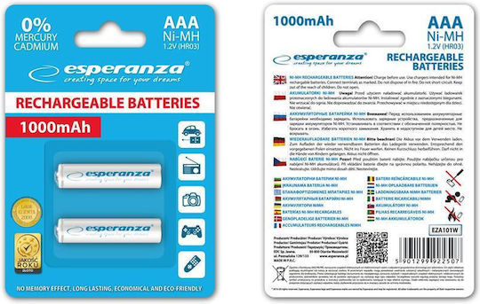Esperanza Επαναφορτιζόμενες Μπαταρίες AAA Ni-MH 1000mAh 1.2V 2τμχ White