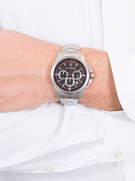 Maserati Successo Ανδρικό Ρολόι 45mm Χρονογράφος Μπαταρίας με Ασημί Μεταλλικό Μπρασελέ
