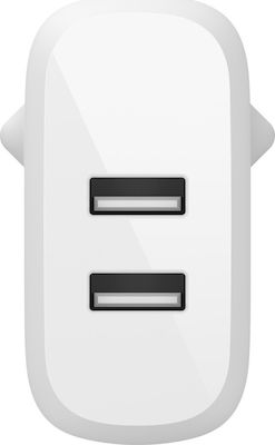 Belkin Φορτιστής Χωρίς Καλώδιο με 2 Θύρες USB-A 24W Λευκός (Boost Charge)