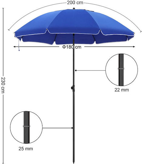 Runde Metall-Garten- und Terrassen-Sonnenschirm Blau Φ1.8m