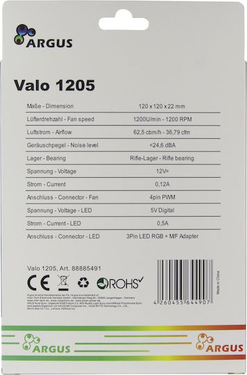 Argus Argus Valo 1205 Ventilator Pentru Carcasă (1200rpm / 62.5cfm) cu Iluminare RGB și Conexiune 3-Pin / Molex Cu 4 Pini