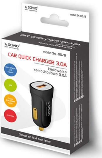 Savio Car Charger 3A Fast Charging with one Port: 1xUSB Black Color
