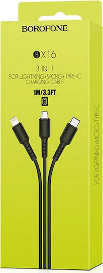 Borofone Regular USB to Lightning / Type-C / micro USB Cable Μαύρο 1m (BX16)
