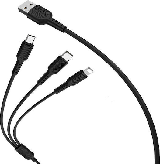 Borofone Regular USB to Lightning / Type-C / micro USB Cable Μαύρο 1m (BX16)