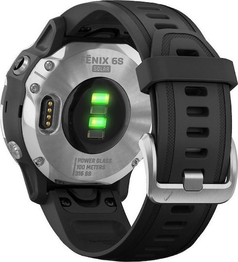 Garmin Fenix 6S Solar Stainless Steel 42mm Αδιάβροχο Smartwatch με Παλμογράφο (Silver with Black Band)