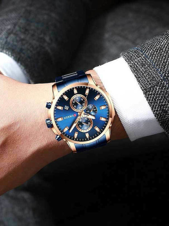 Curren Ανδρικό Ρολόι 47mm Χρονογράφος Μπαταρίας με Μπλε Μεταλλικό Μπρασελέ