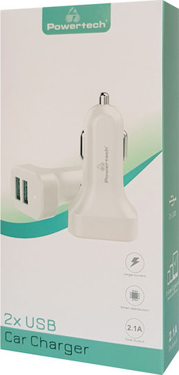 Powertech Auto-Ladegerät 2.1A mit Anschlüssen: 2xUSB Weiß Farbe